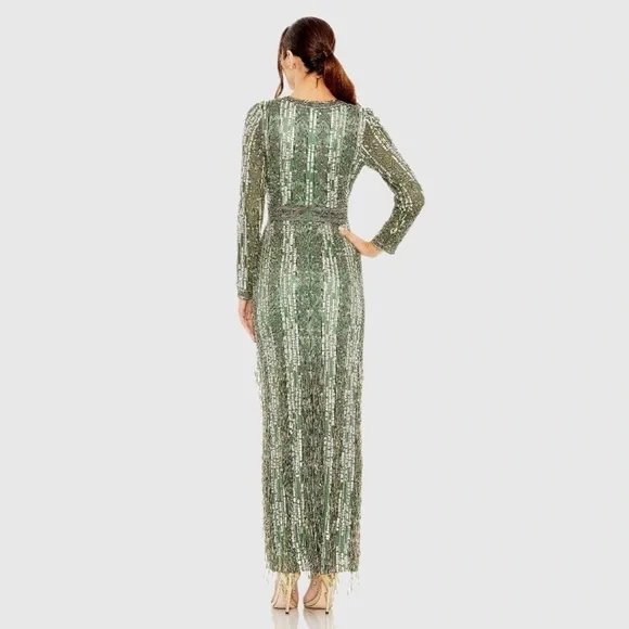 MAC DUGGAL 5981 NWT High Neck Long Sleeve Crystal Fringe Column Gown